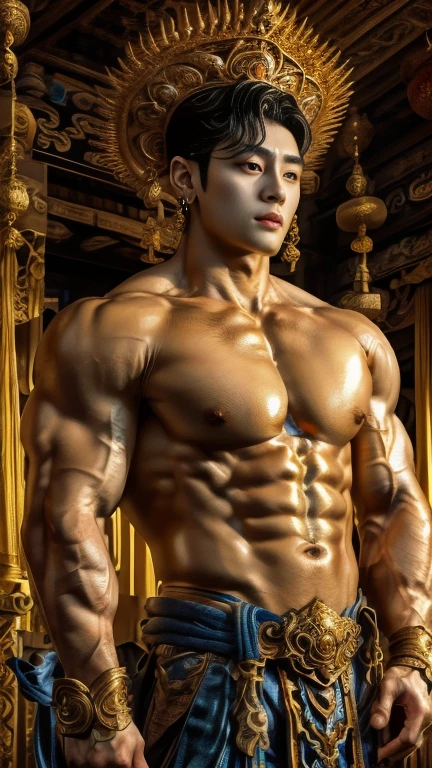 disconsolate,Ambient,artistic conception,large scene,The wind blew up the white curtains,Dattain lamps,Diffuse light,chest muscle,Shirtless, stubbles, Sideburns, musculature, Strong handsome korean guy, a golden statue of handsome men god , multiple hands holding some weapons, , Hanfu,Golden blue、Jing Qing Moqing、jackson wang, Plain cherry blue,Junyi,Dignified atmosphere,Temperament,Short hair, Flat-headed beautiful man,The light is gentle,The scene comes to life