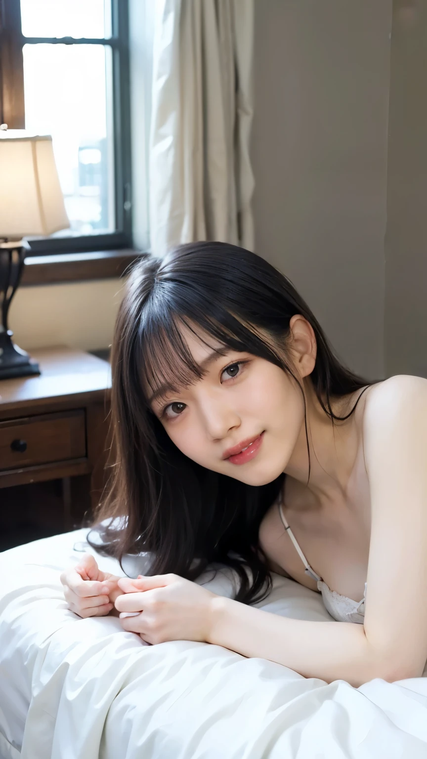 (8k、RAW Photos、Highest quality、masterpiece:1.2)、((Night view:1.5))、((lingerie、、smile:1.3))、(Realistic、Realistic)、((Very flat chest、Are thin:1.2))、1 girl、((morning、sunlight、 Hotel Bedroom、bed、Lie、ear))