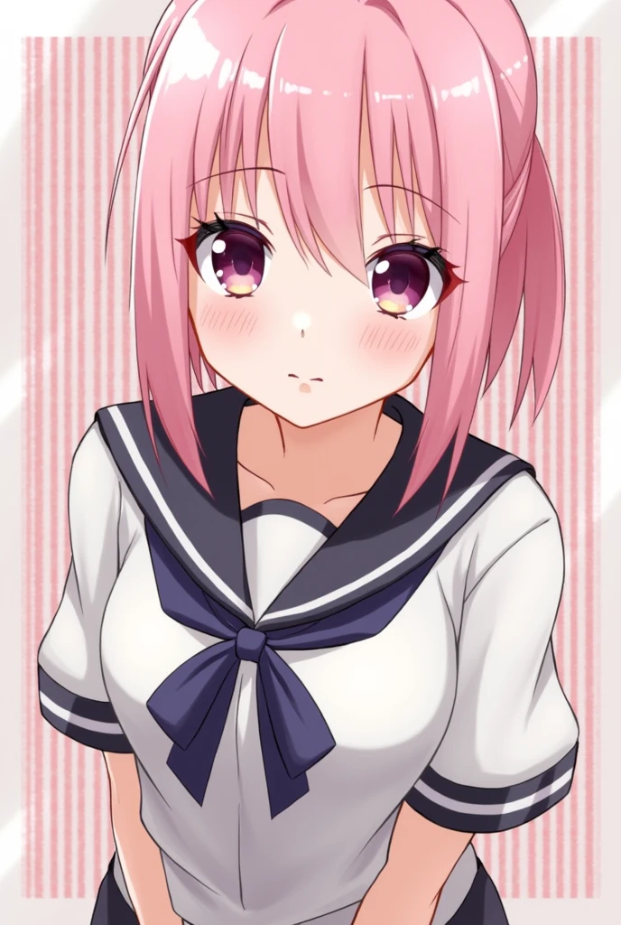 Disorganized,(Masterpiece,high quality)),(beautiful),clearly,1girl(loli),((pov)),((cowboy shot)),very cute,simple white background ,(best quality,extreamely detailed),pink eyes,pink hair ,long hair,:o, ((beautiful face)),((beautiful eyes)),((detailed eyes)),blush,(arms behind back),((high details eyes)),ponytail , ((big breast)) ,(Big Tits,ridiculously large breasts) ,cheerleader costume 
