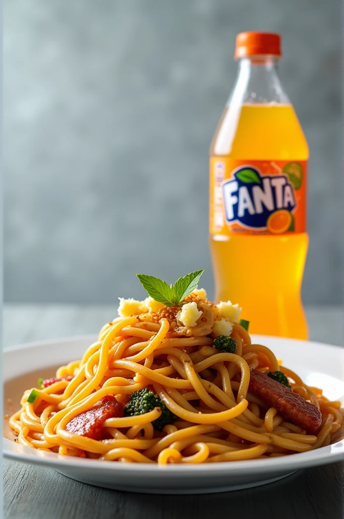 Noodles egged meat  and fanta