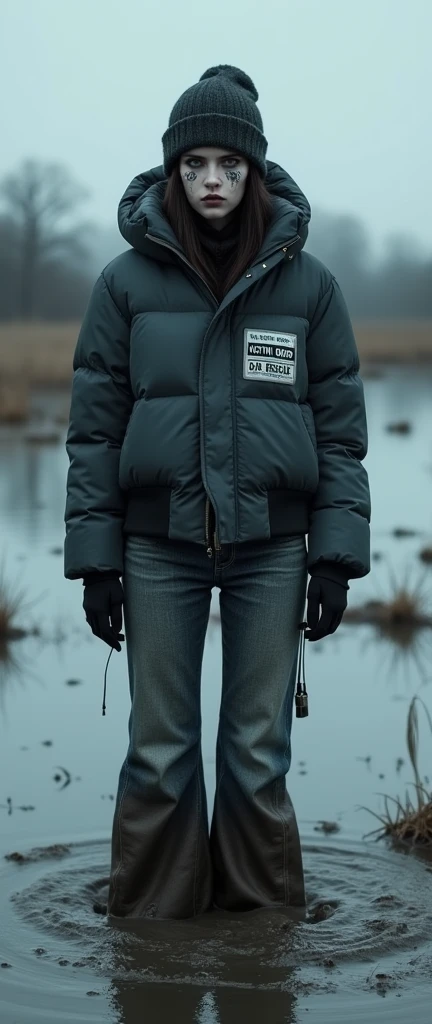 woman, stylish lightweight short moncler down jacket collar only,bib "VICTIM 0069 DO NOT RESCUE", flared jeans, stuck in bog,pale ethnic patterns ritual makeup, warm hat, cold, red lips