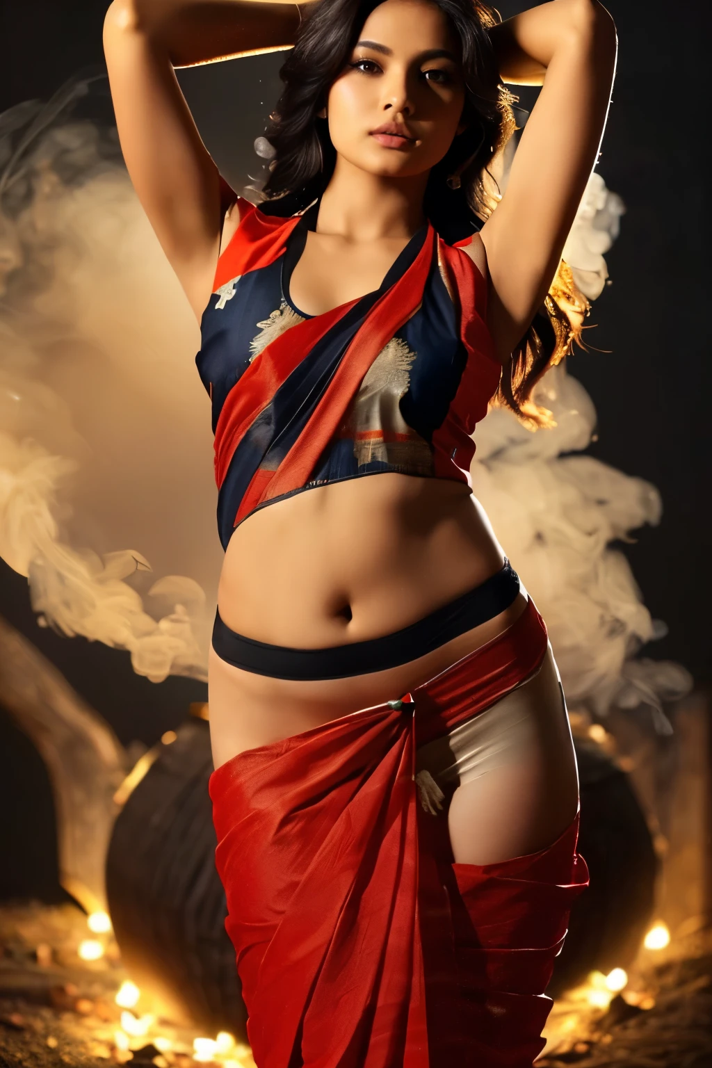 (Sexy tanned indian model, 1girl:1.2, thicc hourglass figure, perfect eyeliner:1.2), (masterpiece:1.4, best quality), slim breasts, unity, ((dark background, smoke,))((wearing red sleeveless saree:1.3)), alluring pose, oiled body, upper body, beautiful and aesthetic, detailed, solo, rim light, key light, studio