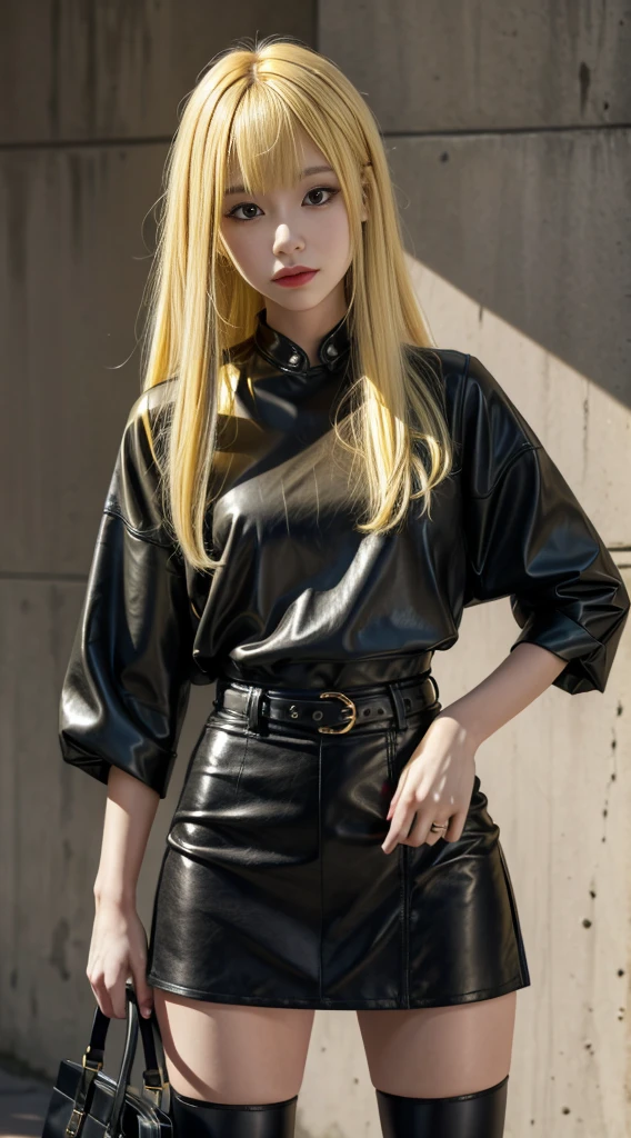 Girl with yellow hair, High definition,  black leather blouse and short black skirt. Longhaire, fully body .