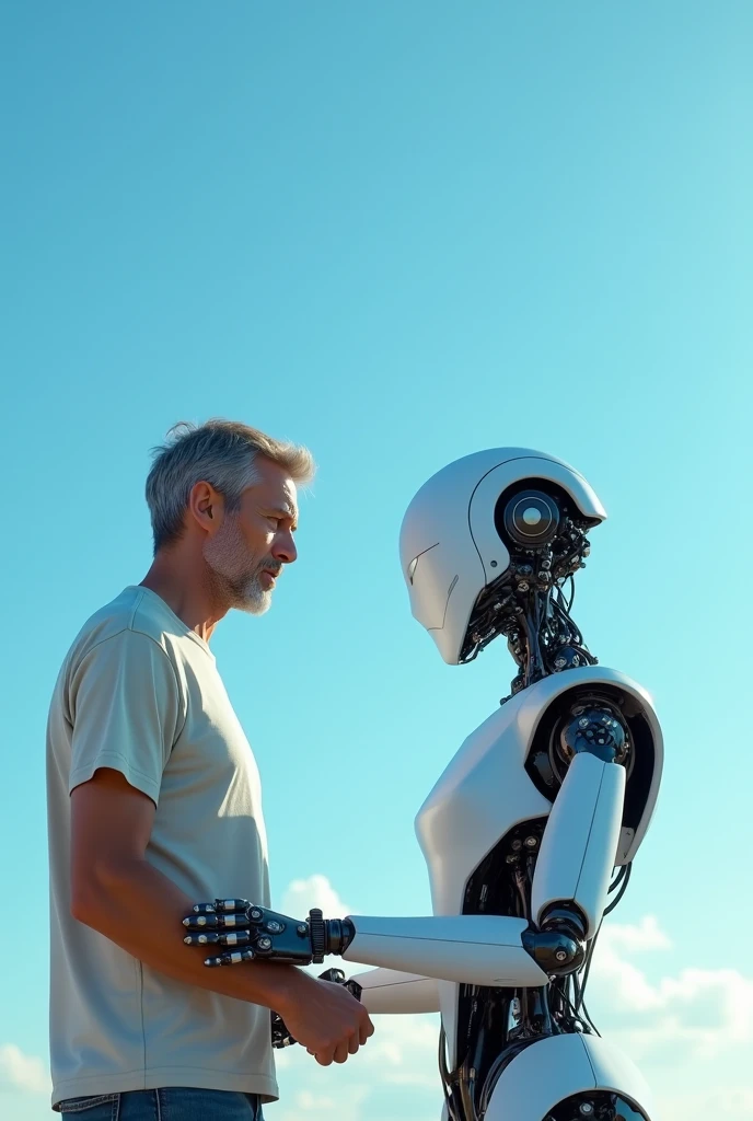 A man and a robot working (background Azul do céu) 16:9