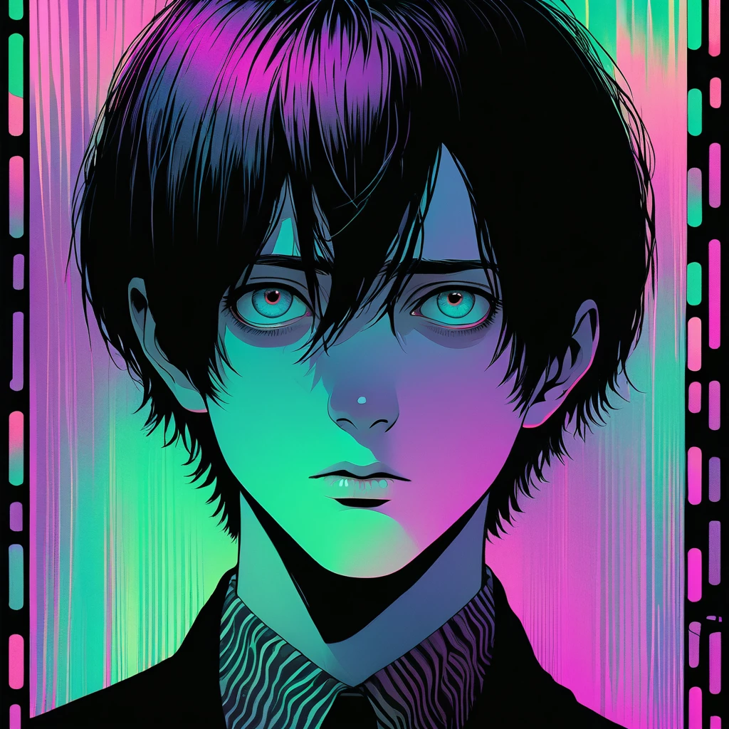 sad looking man, short emo hair, illustration art, 70's horror movie poster, junji ito inspired, high detail, realistic shadows, analog style, chromatic aberration, surrealism, complementary gradient, vhs style, nightmare, 8mm film