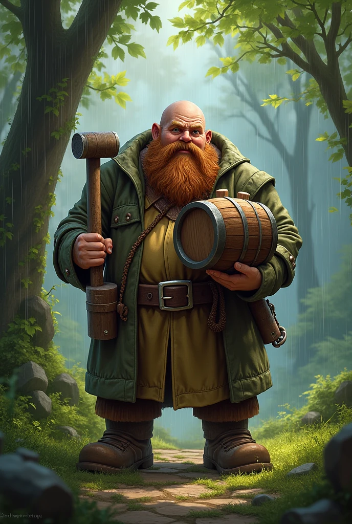 A bearded dwarf with a keg of beer and a hammer in his hands, in a raincoat and boots in the forest