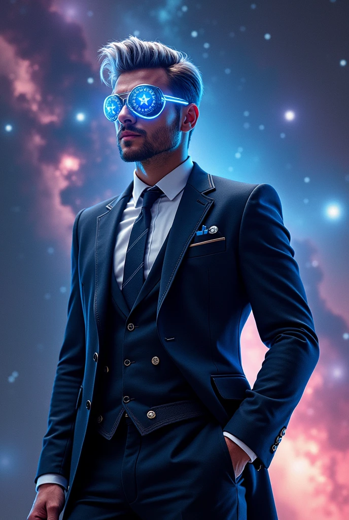 Starlord in a gala suit or going out blue with black in a galaxy with his star mask_Lord and the blue and white tinted hair. From the middle of the body