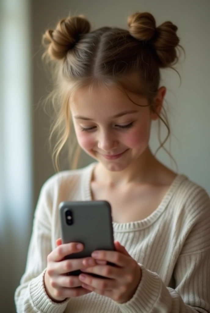 sweet 14 year old girl, Light brown bun hair, fully body, in front of the mirror taking a picture with the cell phone, make it look very real, cell phone in hand "a14"
