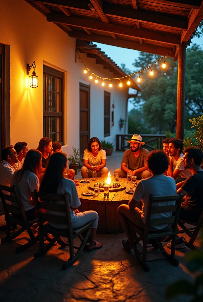 12 people sitting in a circle, on the porch of the house, drinking tereré and talking, the environment must be the streets of Brazil