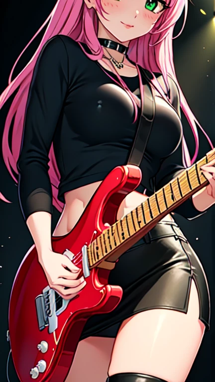 Masterpiece, raw, beautiful art, professional artist, 8k, art style by sciamano240, very detailed face, very detailed hair, 1 woman, perfectly drawn body, beautiful face, long hair, pink hair , very detailed green eyes , rosey cheeks, intricate details in eyes, playful smile, looking directly at viewer , in love with viewer expression, lipstick, wearing rock clothes, black crop t shirt, short black pencil skirt, thigh boots, standing on stage, playing electric guitar, concert setting, very close up on face,