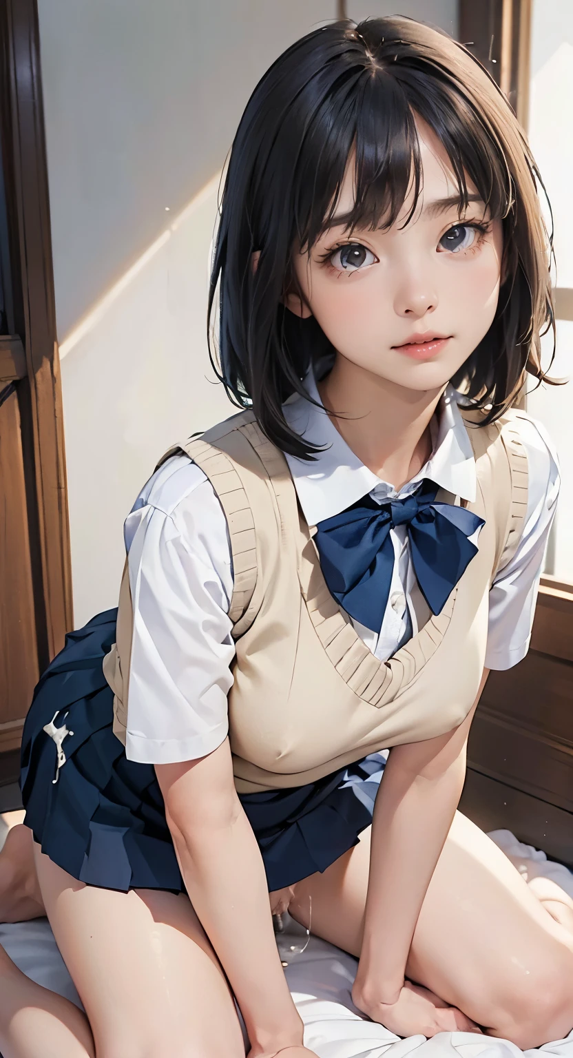 (masterpiece:1.2, Highest quality), (Realistic, photoRealistic:1.4), Beautiful illustrations, (Natural Side Lighting, Cinema Lighting), Written boundary depth, Looking at the audience, Front view, 1 girl, Asian, , ((Bob Hair)), Perfect Face, Symmetrical cute face, Pale skin, Glowing Skin, Asymmetrical bangs, Big eyes, Droopy eyess, Long eyelashes, thin, Beautiful Hair, Beautiful Face, Beautiful and beautiful eyes, Beautiful clavicle, Beautiful body, Beautiful breasts, Beautiful thighs, Beautiful feet, Beautiful fingers, ((High quality fabric, Brown knitted vest, Short sleeve white collar shirt, Navy Pleated Skirt, Navy bow tie )), (vaginal Sex:1.5), (Beautiful views), evening, Droopy eyes, (Cum in pussy:1.5), Sex, erotic, Erect nipples Cum in pussy, Heterosexual, Mole, Mole under eye, (smile, Excellent, Open your mouth)