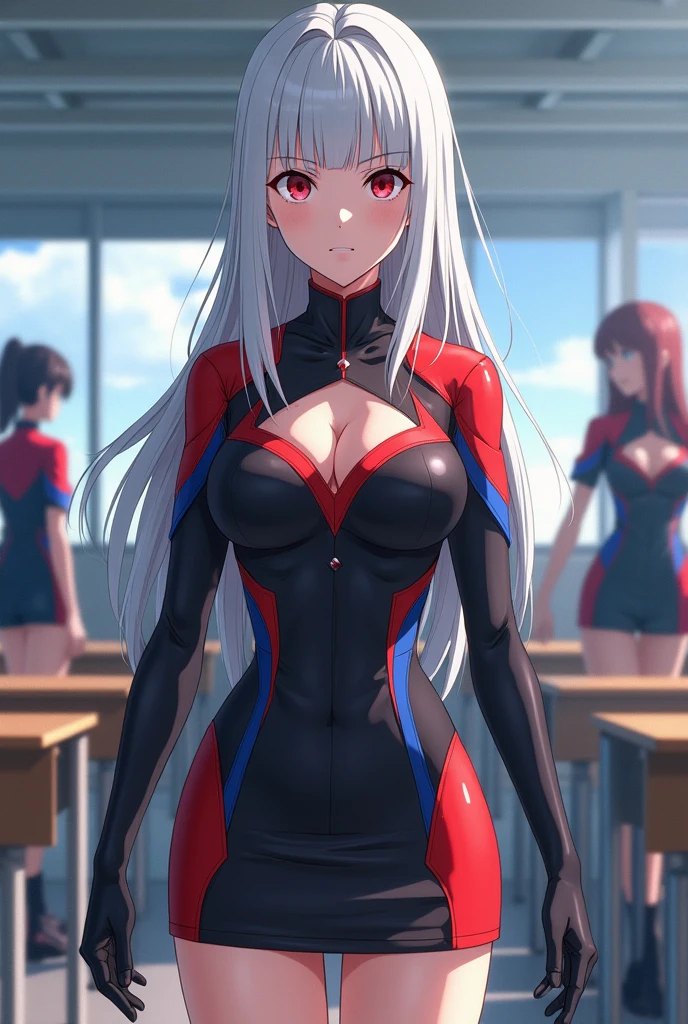 Screenshot from boku no hero academia of a  girl with white hair, straight and long with crimson red eyes serious expression, He wears a hero costume, a low-cut black shirt with red and blue details, Black heels and a mini skirt on her suit in the background of a modern classroom with students, Whole body, long shot