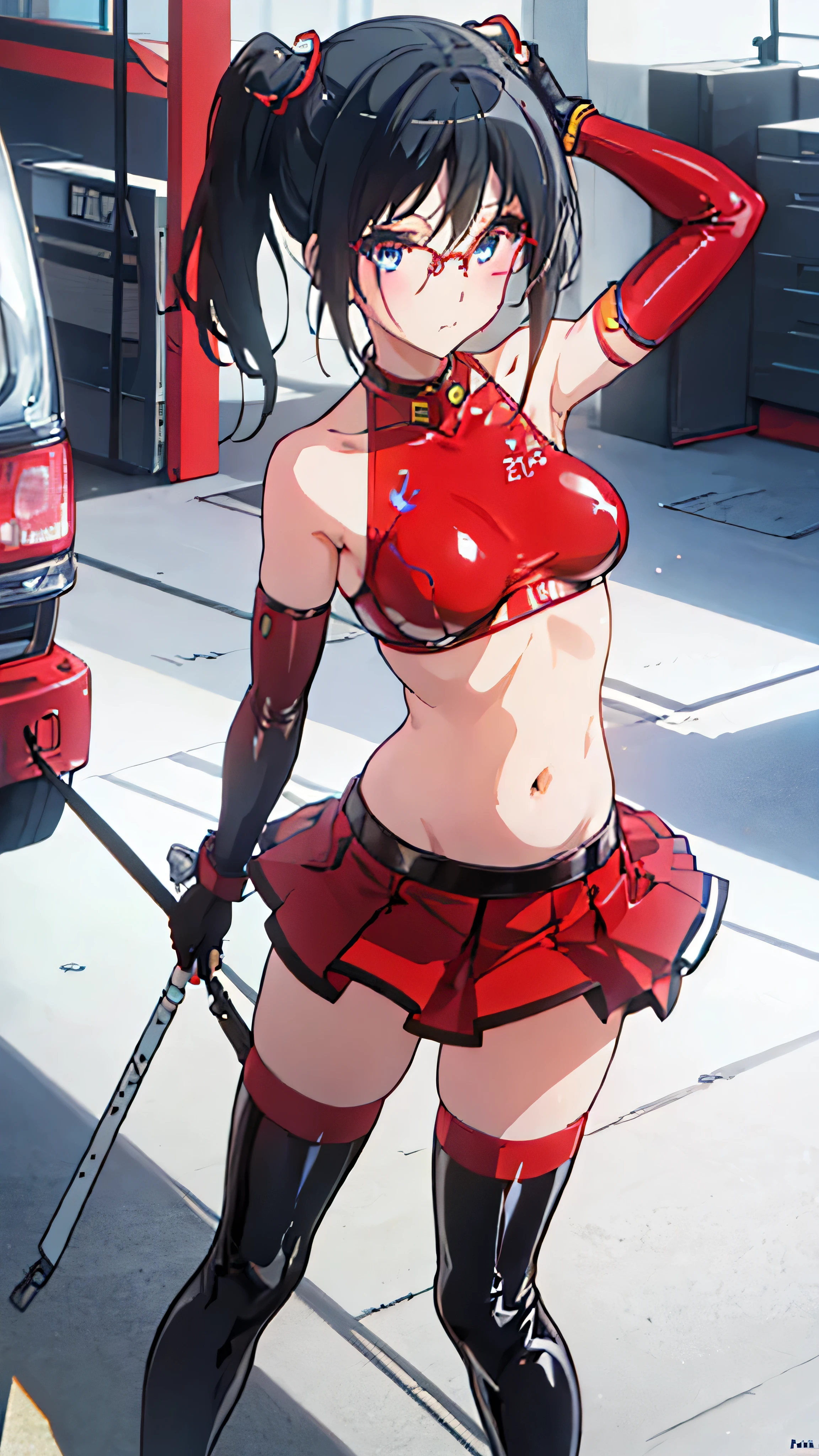 Asuka Tanaka, stomach, Stomach, belly button, Perfect Face, detailed, 8k, masterpiece, (super high quality), , mini skirt, Large Breasts,latex,thighhigh boots,elbow gloves,