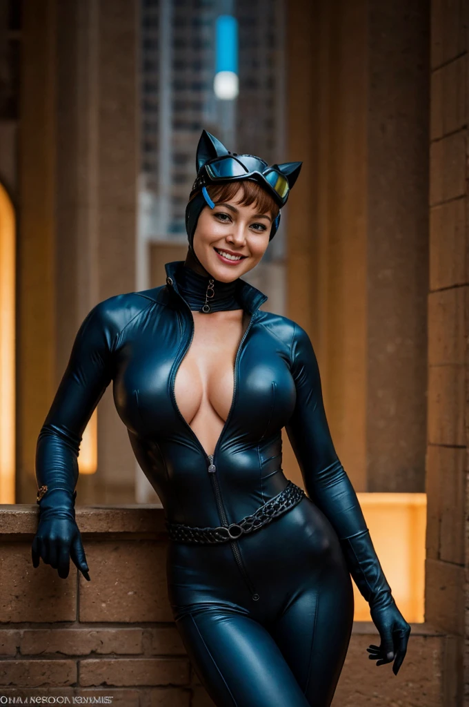 closeup, masterpiece, best quality, catwoman, 1girl, solo, breasts, looking at viewer, smile, cat ears, goggles, goggles on head, huge breasts, navel, open clothes, black bodysuit, night, center opening, unzipped, open bodysuit, green eyes, blurry background, breast focus, perfect hands, perfect fingers, skimpy outfit,hyper detailed eyes,a stunning ginger girl (18yo),smiling,staring you, (blue eyes:1.6), (masterpiece, best quality:1.2), (closeup:1.3), 8k, masterpiece,UHD,high resolution, sharp focus,intricate detailed