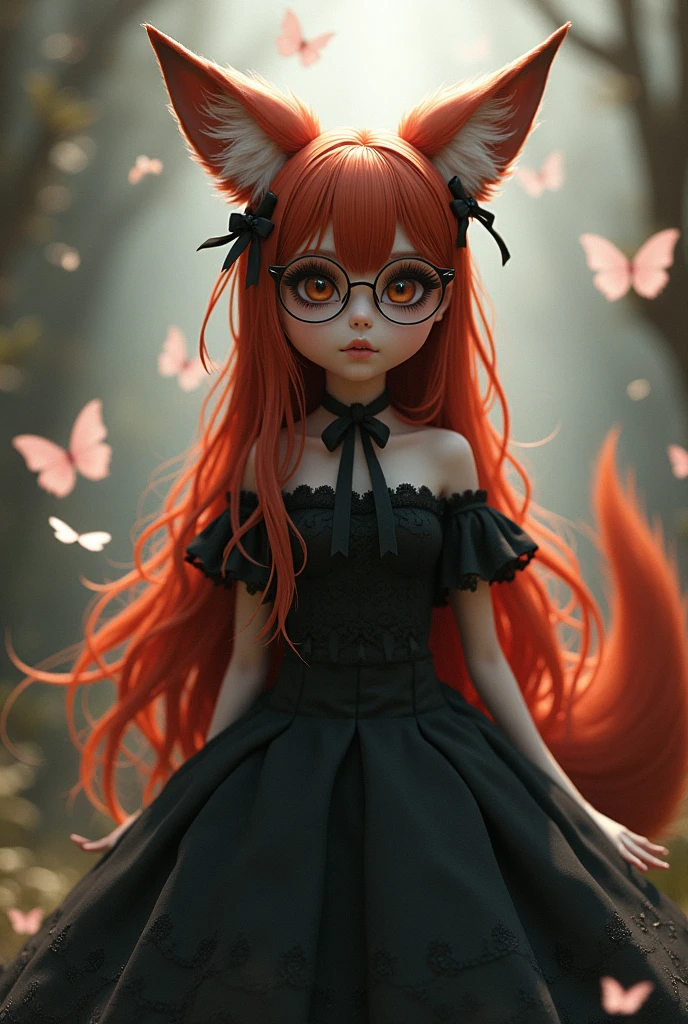 A fox girl with a black doll dress, long red hair and glasses