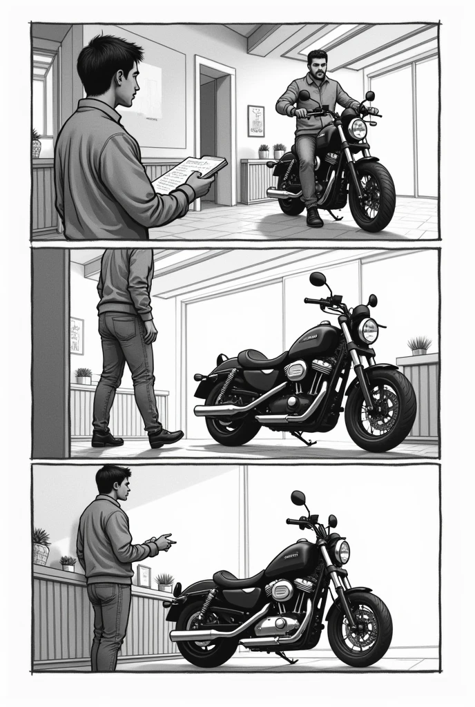 Create a 4-window comic of a person buying a motorcycle in black and white