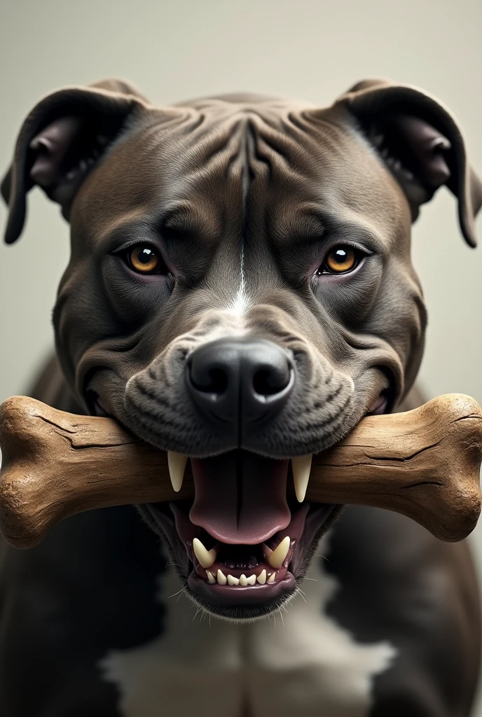 A brave pitbull dog biting a bone between his teeth but only his face