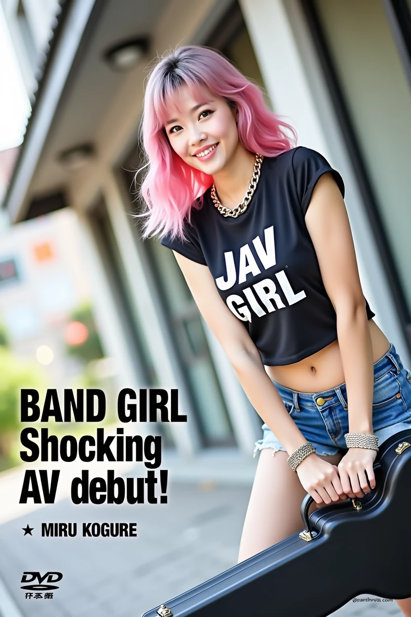 (((A little chubby, , big buttocks)))(((Woman's ridiculously large breasts change, slerves, big , big breasts, big , super bman, whip-smacking body)))), adult video poster layout, text on screen: "BAND GIRL Shocking AV debut!! ★ MIRU KOGURE ",(((Japanese woman with large black guitar case)))), 26 year old adult woman wearing black crew neck top with large English letters "JAV Actress" on her chest and short blue jeans posing for a photo shoot, big breasted female porn actor, dynamic pock music magaziodel pose,. Japanese female fashion model, (((very bright pink hair))), happy expression, thick chain accessories on neck and arms, (((in front of Asakusa strip theater))), pure beautiful smile, intelligent face, slender curves, large breasts, wearing black t-shirt, small leather jearing black T-shirt, very small leather jacket, denim shorts, (((extreme low angle))), null, Bill, holding black guitar case with guitar strap, (((DVD mark, Blu-ray mark))).