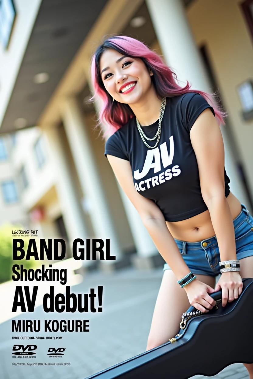 (((A little chubby, big breasts, big buttocks))),smile ((((Woman's ridiculously large breasts change, slender curves, big , big breasts, big , super beautiful woman, whip-smacking body)))), adult video poster layout, text on screen: "BAND GIRL Shocking AV debut!! ★ MIRU KOGURE ",(((Japanese woman with large black guitar case)))), 26 year old adult woman wearing black crew neck top with large English letters "JAV Actress" on her chest and short blue jeans posing for a photo shoot, big breasted female porn actor, dynamic pose, rock music magazine model pose,. Japanese female fashion model, (((very bright pink hair))), happy expression, thick chain accessories on neck and arms, (((in front of Asakusa strip theater))), pure beautiful smile, intelligent face, slender curves, large breasts, wearing black t-shirt, small leather jacket Wearing black T-shirt, very small leather jacket, denim shorts, (((extreme low angle))), null, Bill, holding black guitar case with guitar strap, (((DVD mark, Blu-ray mark))).
