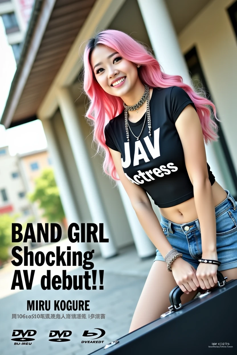 (((A little chubby, , big buttocks)))(((Woman's ridiculously large breasts change, slerves, big , big breasts, big , super bman, whip-smacking body)))), adult video poster layout, text on sc "BAND GIRL Shocking AV debut!! ★ MIRU KOGURE ",(((Japanese woman with large black guitar case)))), 26 year old adult woman wearing black crew neck top wirge English letters "JAV Actress" on her chest and short blue jeans posing for a photo shoot, big breasted female porn actor, dynamic pose, rock magazine model p. Japanese female fashion model, (((very bright pink hair))), happy expression, thick chain accessories on neck and arms, (((in front of Asakusa strip theater))), pure beautiful smile, intelligent face, slender curves, large breasts, wearing black t-shirt, small leather jacket Wearck T-shirt, very small leather jacket, denim shorts, (((extreme low angle))), null, Bill, holding black guitar case with guitar strap, (((DVD mark, Blu-ray mark))).