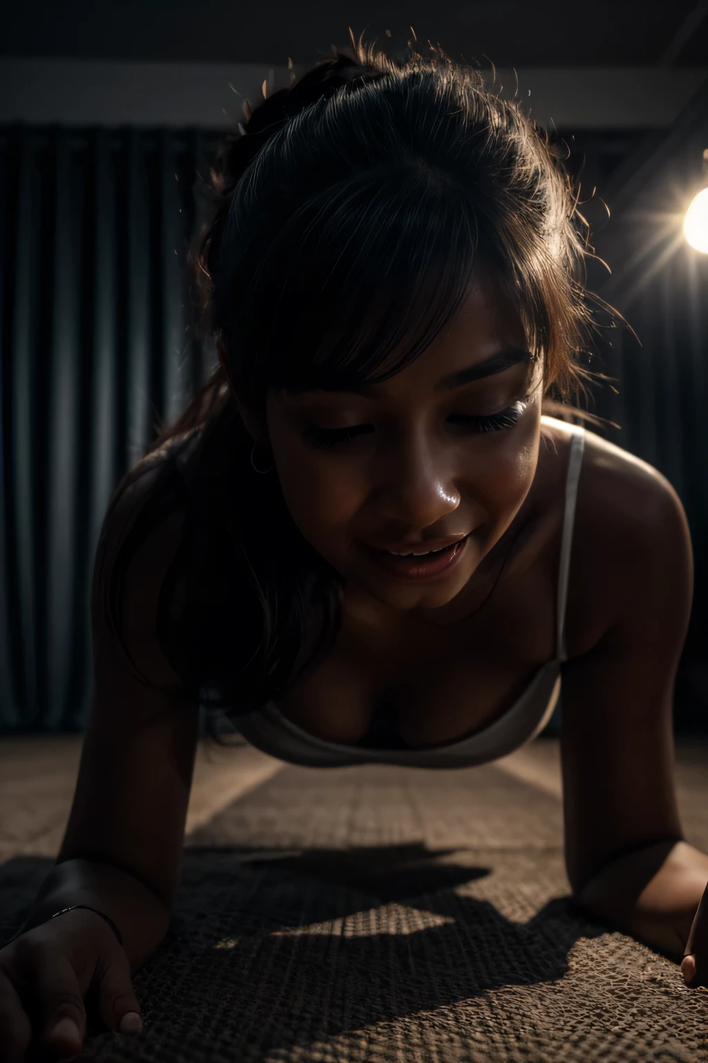 woman on all fours screaming with happiness and pleasure. Their faces are illuminated by soft, intimate lighting, revealing an expression of satisfaction and happiness. 4K resolution captures every detail, from the texture of the fabric of the casual dress to the delicate play of shadows and light on the skin.