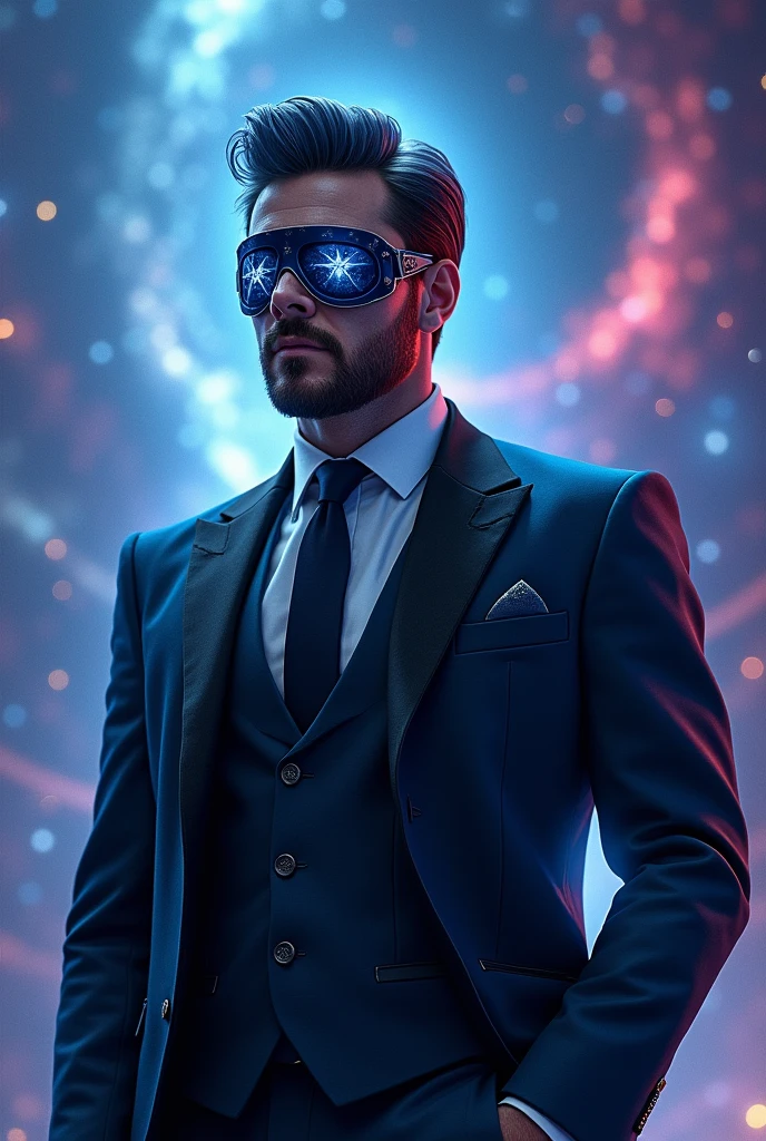 Starlord in a gala suit or going out blue with black in a galaxy with his star mask_Lord and the blue and white tinted hair. From the middle of the body
