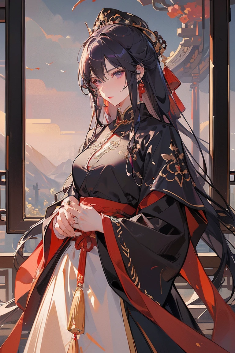 (extremely detailed 8K wallpaper),(ultra-detailed),(best quality),(masterpiece),(highly detailed),(cinematic lighting),(Original),Cold ligh,moody,(Chinese elaborate-style painting ),32K depth of field,1girl,(Queen),((image of female emperor)),((Immortal)),(long black hair),((Majestic expression)),((red clothes)), blue hair