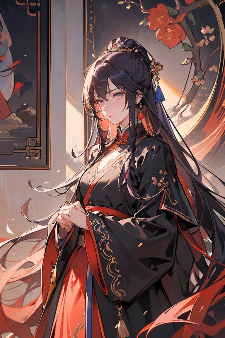 (extremely detailed 8K wallpaper),(ultra-detailed),(best quality),(masterpiece),(highly detailed),(cinematic lighting),(Original),Cold ligh,moody,(Chinese elaborate-style painting ),32K depth of field,1girl,(Queen),((image of female emperor)),((Immortal)),(long black hair),((Majestic expression)),((red clothes)), purple hair