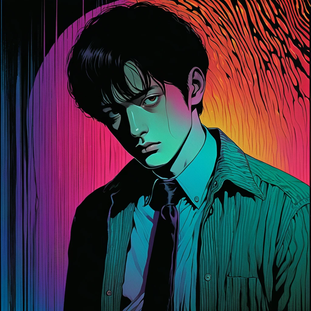 black haired man, illust、art、from 80s horror movie, directed by Junji Ito、anxiety、high detail, realsitic shadow、Analog style, chromatic aberration,Complementary color gradient、Surrealism
