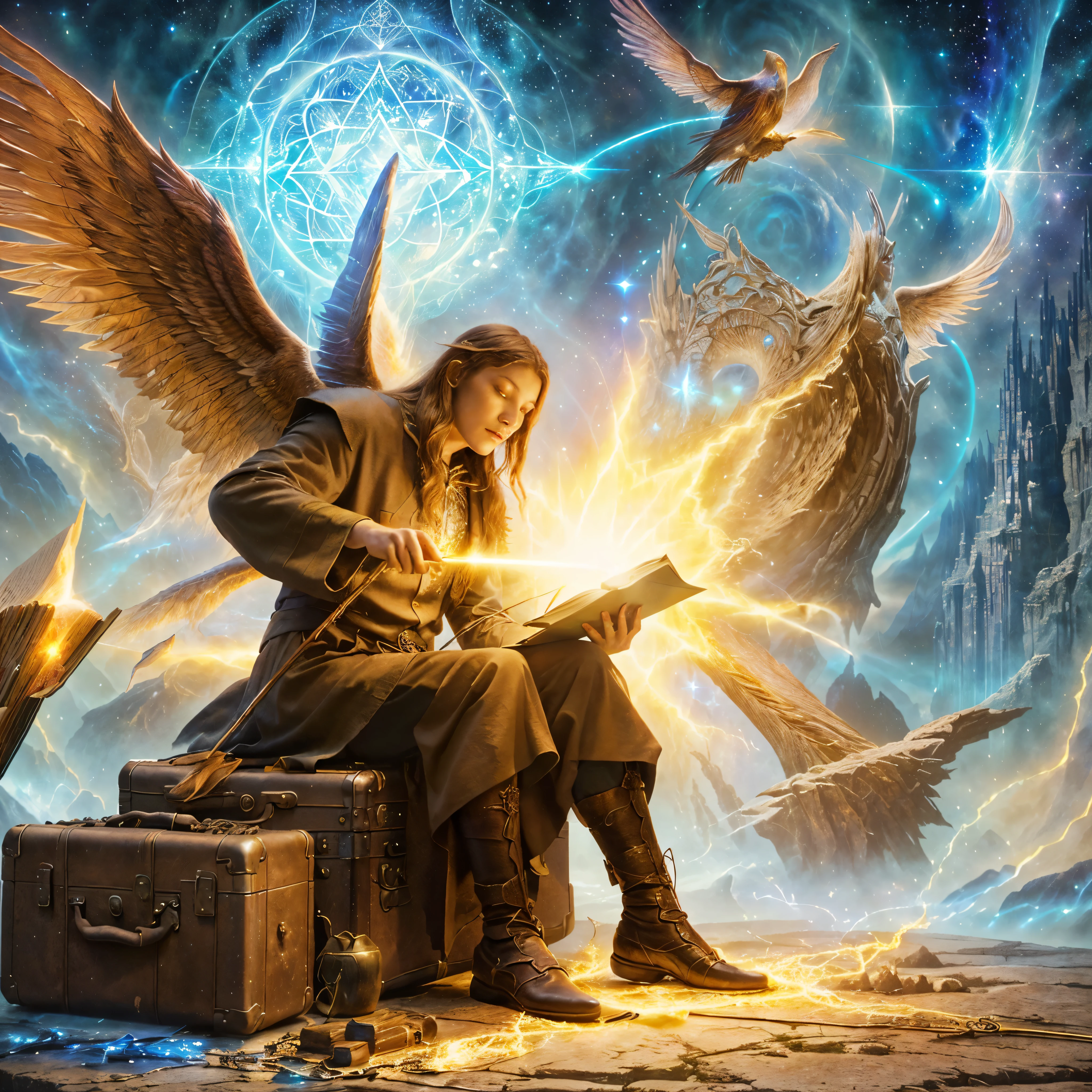 a close up of a person sitting on a suitcase with a book, spell casting wizard, spell casting, fantasy book illustration, by Johfra Bosschart, an arcane wizard casting a spell, magick, spells magic, [[fantasy]], elven angel meditating in space, amazing fantasy art, fantasy mage, mages, wizard casting a spell, breathtaking fantasy art