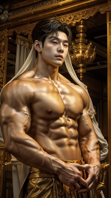 disconsolate，Ambient，artistic conception，large scene，The wind blew up the white curtains，Dattain lamps，Diffuse light，chest muscle，Shirtless, stubbles, Sideburns, musculature, Strong handsome korean  guy， a golden statue of handsome men god , multiple hands holding some weapons, , Hanfu，Golden blue、Jing Qing Moqing、jackson wang, Plain cherry blue，Junyi，Dignified atmosphere，Temperament，Short hair, Flat-headed beautiful man，The light is gentle，The scene comes to life