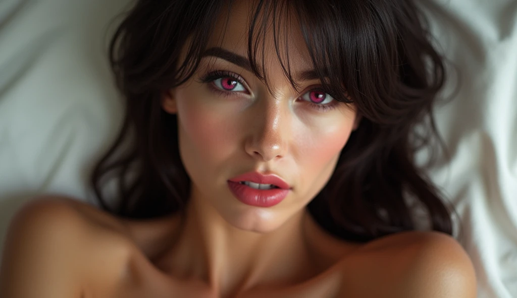 woman sexy, with lips open, pink eyes, straight hair, look sex, face image