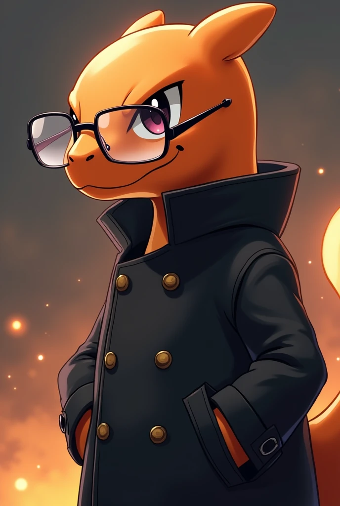 a detailed artwork of Pokémon Charmander wearing a black overcoat and glass transparanent on his face with a serious expression, Pokémon, 4k, 8k, Full HD, corpo inteiro, Pokémon art style, estilo de desenho hiper-realista, arte de anime limpa e detalhada, Dynamic background