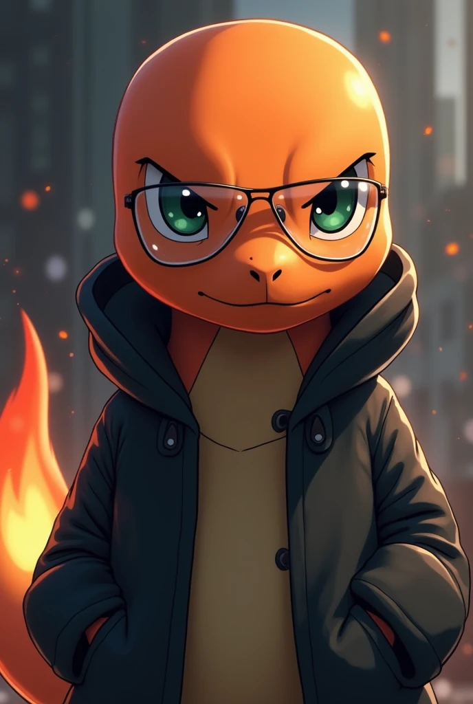 a detailed artwork of Pokémon Charmander wearing a black overcoat and glass transparanent on his face with a serious expression, Pokémon, 4k, 8k, Full HD, corpo inteiro, Pokémon art style, estilo de desenho hiper-realista, arte de anime limpa e detalhada, Dynamic background