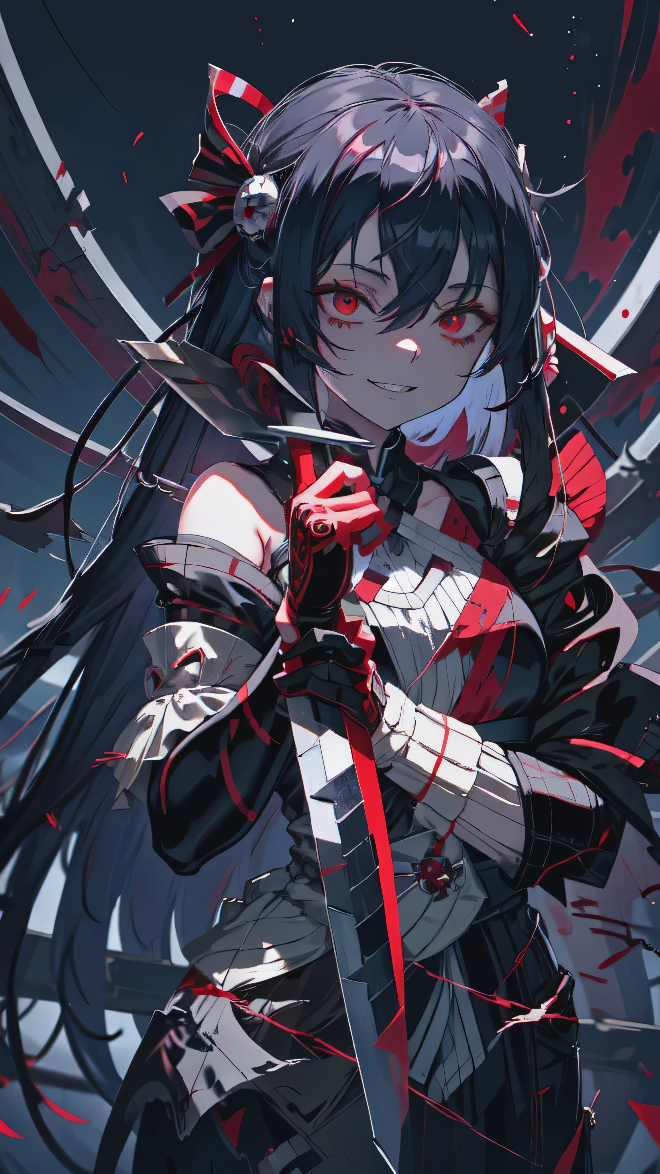 Red-eyed anime girl holding a knife in her hand, gapmoe Yandere grimdark, gapmoe Yandere, Bloodstained, Yandere, Yandere intricate, portrait gapmoe Yandere grimdark, Anxious smile, [[[[smile wickedly]]]], Laughing lasciviously, Thrasher Smile Latex,elbow gloves
