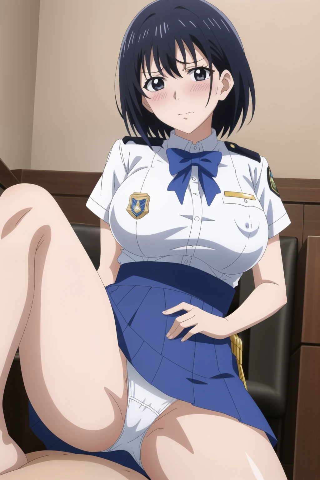 , (Spread your legs)、 (White panties), Female police officer, Blue Uniform、Mini Skirt Police、White shirt, sunny, Mature Woman, Anime Cel Style, Highest quality, High resolution, One Girl, (Large Breasts:1.2), Beautiful Face, Beautiful fingers, Beautiful long legs, Beautiful body, Beautiful Nose, Beautiful character design, Black Hair, bangs, black eye,short hair、 Show Viewer, Cowboy Shot, blush、Embarrassed look、A look of dislike to be seen、Nipples are visible、 、bright、Colorful
