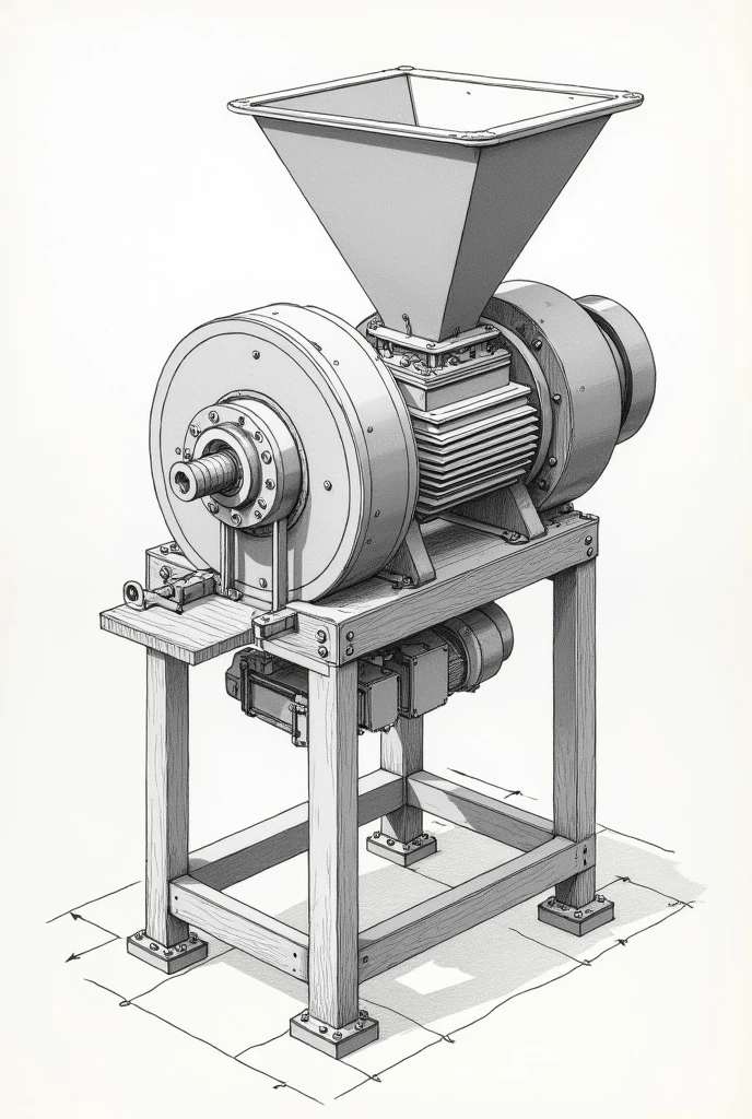 Make a technical drawing of a machine with two 40 cm axes, with a braided wire screen and welding on the shaft each shaft a reduction gear and an electric motor, a feeding trough measuring 40 by 35 centimeters wide and 52 centimeters high, tapering to a 40cm wide outlet for a 5cm opening, all this supported on a base of four supports.  two separate axes 
