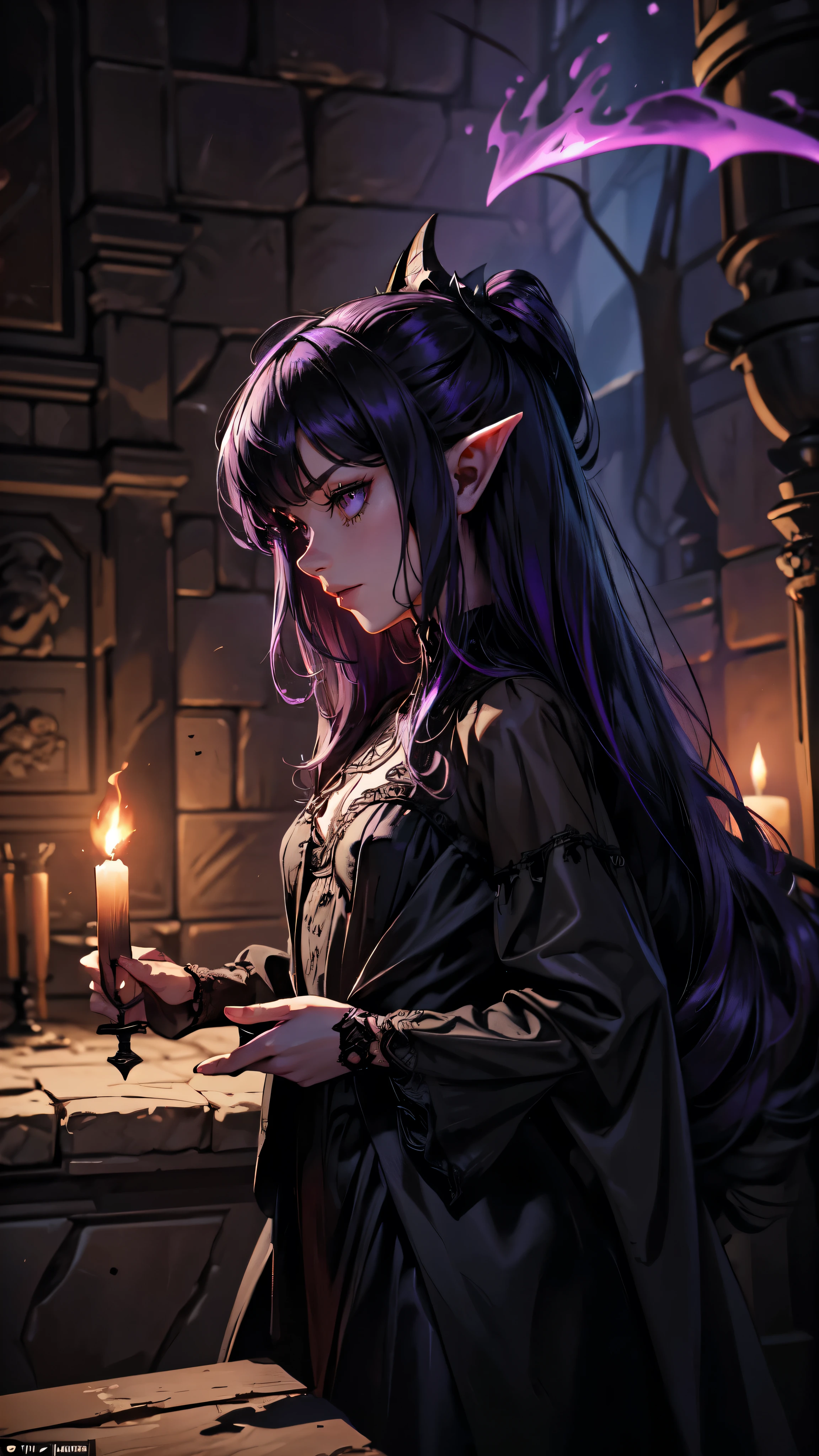 (best quality)), ((masterpiece)), (detailed), dark gothic horror style, halloween style, very small goblin girl, green skin, pointy ears, short purple hair with black streaks pixie hairstyle, wearing very ornate purple gothic lingerie with sheer black see through robe, aloof expression, looking down on viewer, bright red eyes, full body, low camera, in dark stone castle corridor with torches lining the walls, walking, profile, superior attitude, sassy, smug, focus on face, looking at viewer, holding skull with purple flames inside,detalid dace,detailed hands,elf woman,full body,