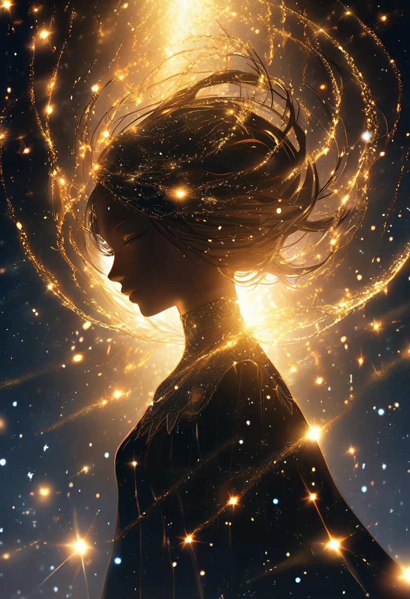 {worst quality, low quality}, surrounded by light particles and shimmering gold sparks that form an ethereal glowing ((Raionn silhouette)) above her head. The atmosphere is mysterious with soft lighting creating a magical ambiance. Digital illustration, Best Quality, Super Detailed,