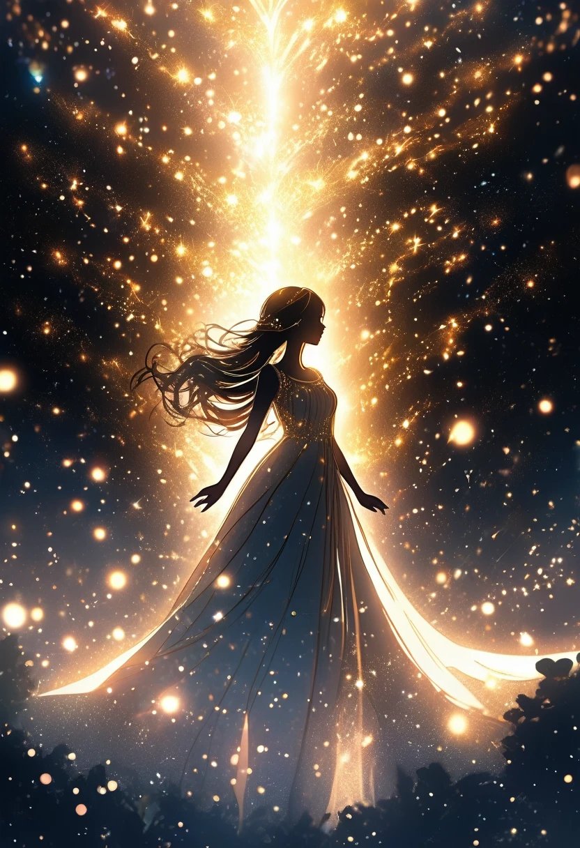 {worst quality, low quality}, surrounded by light particles and shimmering gold sparks that form an ethereal glowing ((Raionn silhouette)) above her head. The atmosphere is mysterious with soft lighting creating a magical ambiance. Digital illustration, Best Quality, Super Detailed,