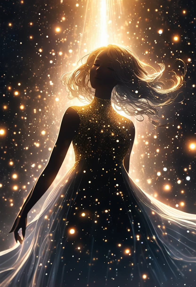 {worst quality, low quality}, surrounded by light particles and shimmering gold sparks that form an ethereal glowing ((Raionn silhouette)) above her head. The atmosphere is mysterious with soft lighting creating a magical ambiance. Digital illustration, Best Quality, Super Detailed,