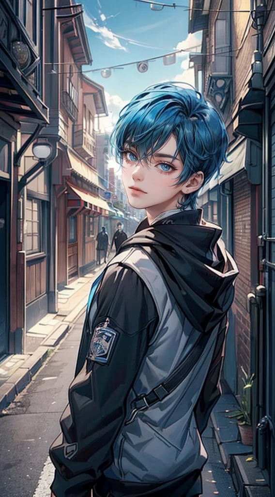 ((4K works))、masterpiece、(top-quality)、One Beautiful Boy、Slim body、tall、((Attractive street style in black hoodie))、(Detailed beautiful eyes)、Fantastic British cities、Back alley in the daytime、((Strolling through a fantastic back alley))、((Daytime bright sky))、((Fantastic English back alleys))、((Shot in a fantastical back alley in England))、((Short-haired bright blue hair))、((Smaller face))、((White eyes))、((American adult male))、((Adult male 26 years old))、((Cool Men))、((Like a celebrity))、((Smile showing teeth and smiling))、((Korean Makeup))、((elongated and sharp eyes))、((boyish))、((Upper body photography))、((Happy dating))、Professional Photos、((Shot alone))、((Shot from diagonally below))、((shot from front))、((Shot in close proximity to him))、((He stands in front of the viewer))、((He has his hands out in front of him))、((Focus zoom in))、Cabedon