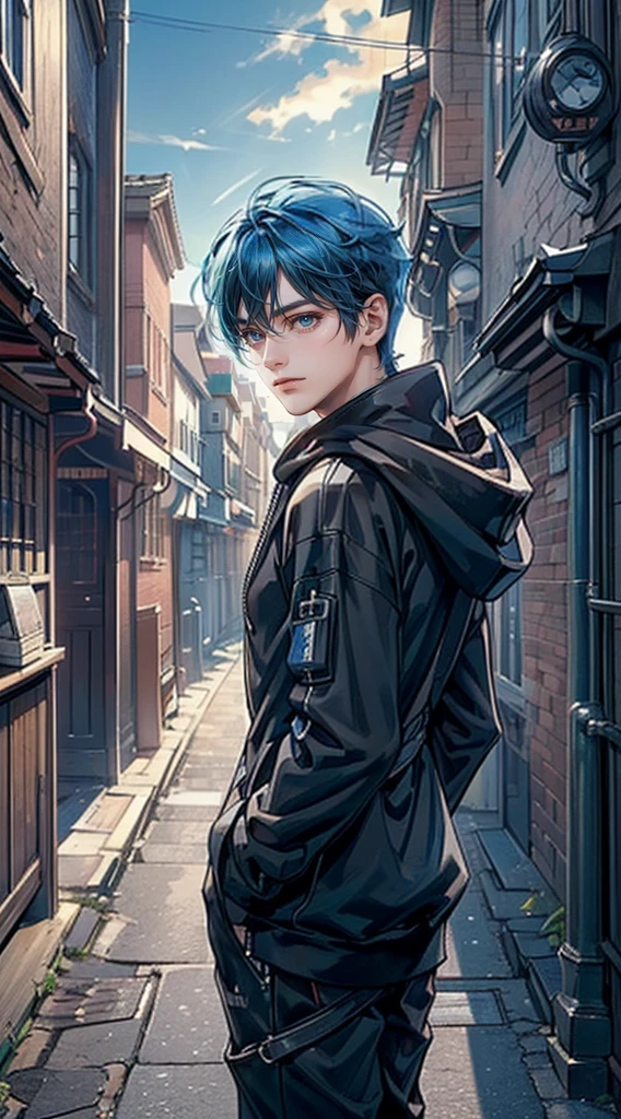 ((4K works))、masterpiece、(top-quality)、One Beautiful Boy、Slim body、tall、((Attractive street style in black hoodie))、(Detailed beautiful eyes)、Fantastic British cities、Back alley in the daytime、((Strolling through a fantastic back alley))、((Daytime bright sky))、((Fantastic English back alleys))、((Shot in a fantastical back alley in England))、((Short-haired bright blue hair))、((Smaller face))、((White eyes))、((American adult male))、((Adult male 26 years old))、((Cool Men))、((Like a celebrity))、((Smile showing teeth and smiling))、((Korean Makeup))、((elongated and sharp eyes))、((boyish))、((Upper body photography))、((Happy dating))、Professional Photos、((Shot alone))、((Shot from diagonally below))、((shot from front))、((Shot in close proximity to him))、((He stands in front of the viewer))、((He has his hands out in front of him))、((Focus zoom in))、Cabedon