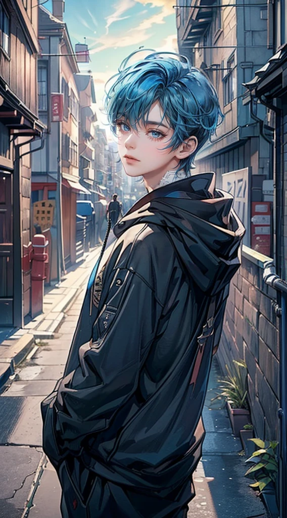 ((4K works))、​masterpiece、(top-quality)、One Beautiful Boy、Slim body、tall、((Attractive street style in black hoodie))、(Detailed beautiful eyes)、Fantastic British cities、Back alley in the daytime、((Strolling through a fantastic back alley))、((Daytime bright sky))、((Fantastic English back alleys))、((Shot in a fantastical back alley in England))、((Short-haired bright blue hair))、((Smaller face))、((White eyes))、((American adult male))、((Adult male 26 years old))、((Cool Men))、((Like a celebrity))、((Smile showing teeth and smiling))、((Korean Makeup))、((elongated and sharp eyes))、((boyish))、((Upper body photography))、((Happy dating))、Professional Photos、((Shot alone))、((Shot from diagonally below))、((shot from front))、((Shot in close proximity to him))、((He stands in front of the viewer))、((He has his hands out in front of him))、((Focus zoom in))、Cabedon