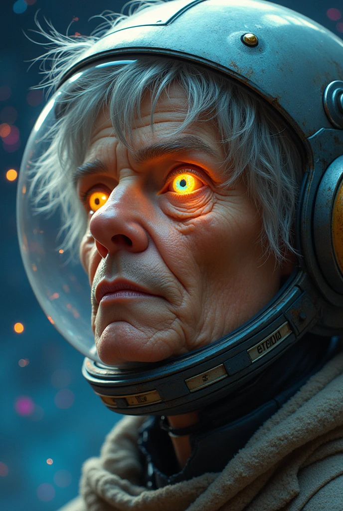 (Close-up of a better masterpiece:1.5)0.9], (Space and astronauts:1.2) (Messy silver hair:1.1) (Heterochromia xanthochromia and blue eyes:1.2) (Space Helmet:1.0) (Colored stars in the eyes:1.0) (A radiant glow:1.1) (thick lips:0.9)
