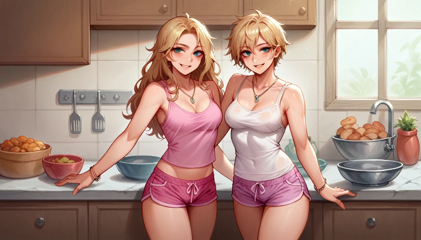2 gorgeous 25 year old girls, standing together, wearing very small sheer pink pajama shorts and sheer pajama tank top, leaning against a kitchen counter, blond messy hair, necklaces, bracelets, looking straight at viewer, nsfw sultry look, seductive, seductive smile, inviting expression, suggestive