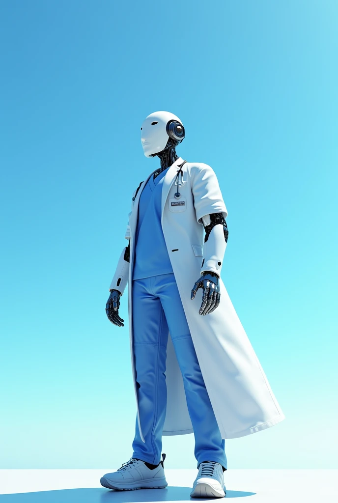 robô com roupas de medico (blue sky background ). 