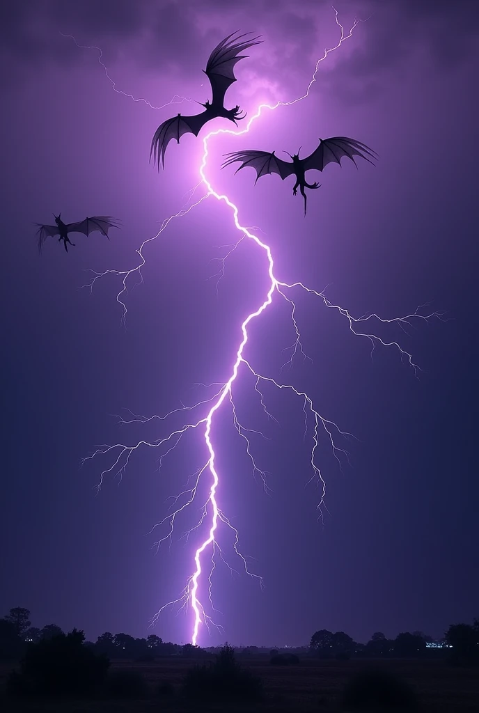 dark sky with purple lightning full of flying dragons