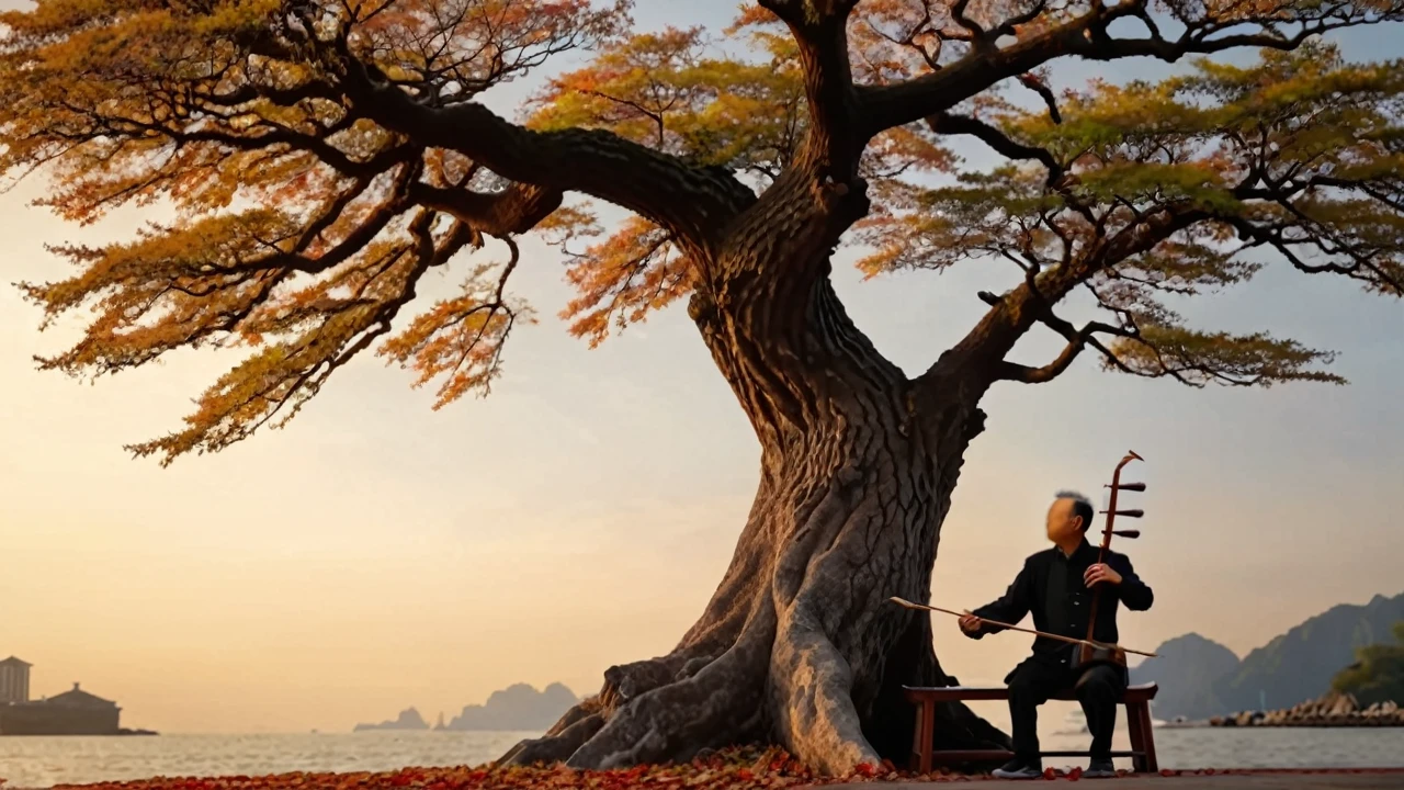 masterpiece, high quality animation, hyper-realistic aesthetic photo, (HDR:1.2), pore and detailed, intricately detailed, graceful and beautiful textures, RAW photo, 16K, sharp focus, cinematic lighting, (vivid colors), (crisp details), a man, play erhu, Harborside, big tree, bench, dusk,