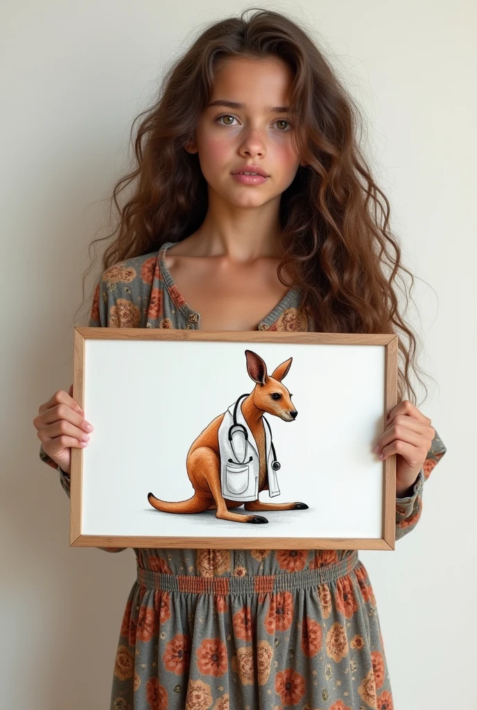 Beautiful girl with wavy long hair, bohemian dress, holding a white board with create a 3d drawing of a strong kangaroo with a medical coat and a stethoscope around its neck, the animal must be angrytext "I Love Seaart Infinity" and showing it to the viewer